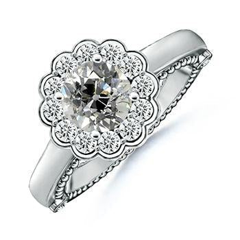 Halo Runder Echt Diamantring Old Mine Cut 2 Karat Blumenstil Milgrain