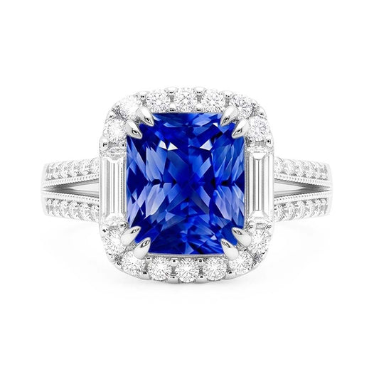 Halo Saphir Ring Baguette & Runde Akzente 4,50 Karat Split Shank