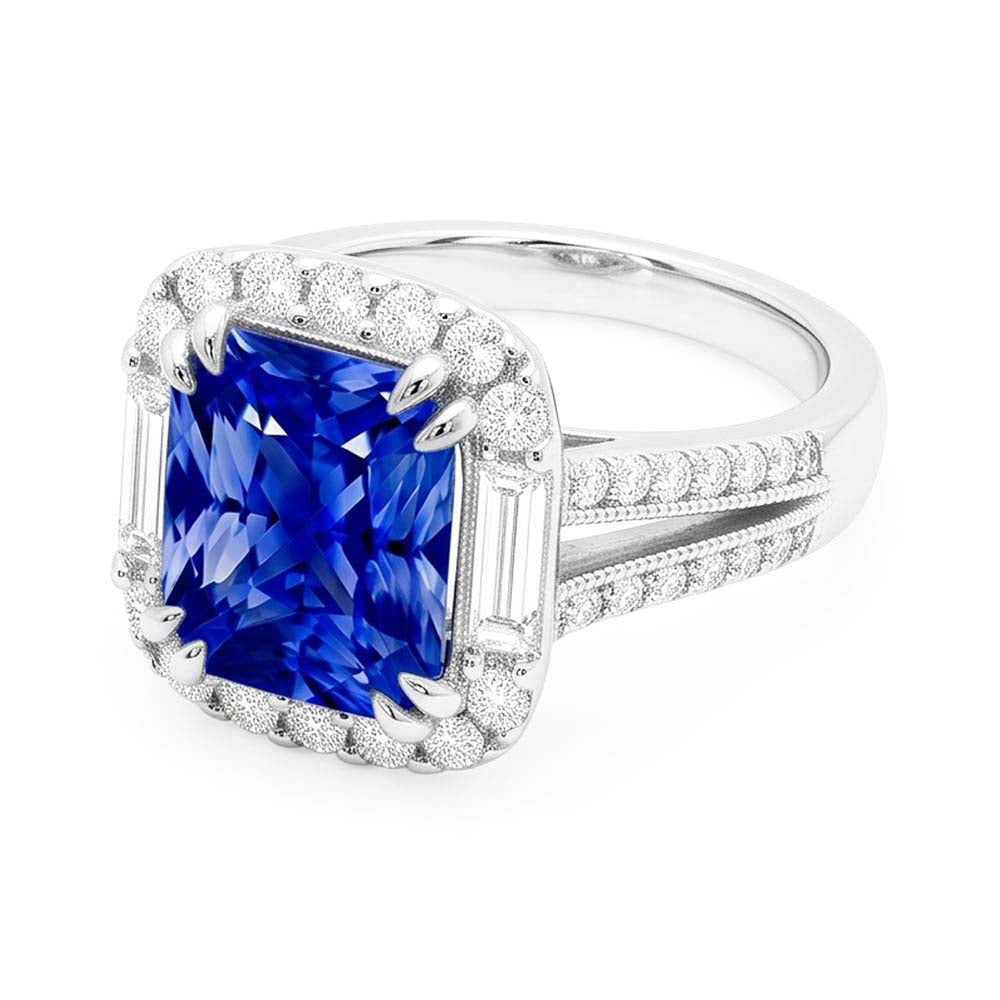Halo Saphir Ring Baguette & Runde Akzente 4,50 Karat Split Shank