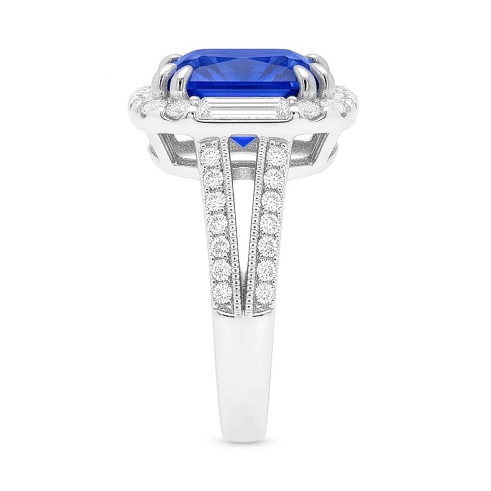 Halo Saphir Ring Baguette & Runde Akzente 4,50 Karat Split Shank