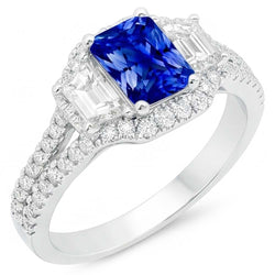 Halo Saphir-Verlobungsring 4 Karat Trapeze & Natürlicher Diamant ( nicht im Labor gezüchtet )en in Pavé-Fassung