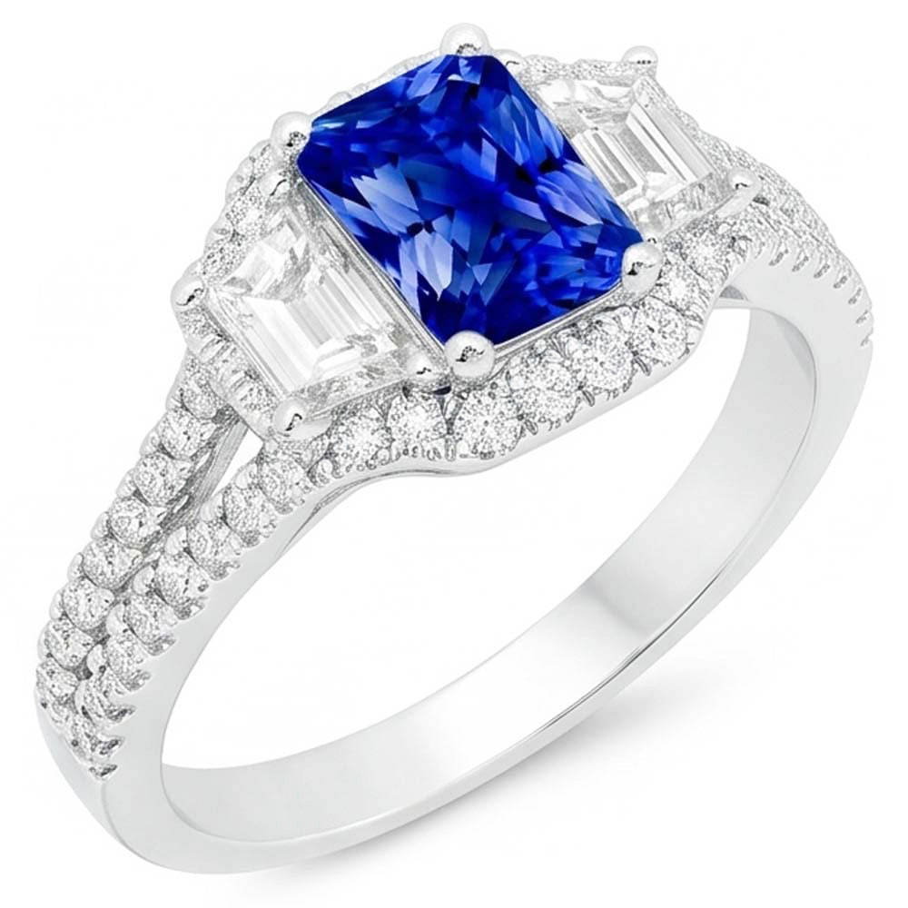 Halo Saphir-Verlobungsring 4 Karat Trapeze & Natürlicher Diamant ( nicht im Labor gezüchtet )en in Pavé-Fassung