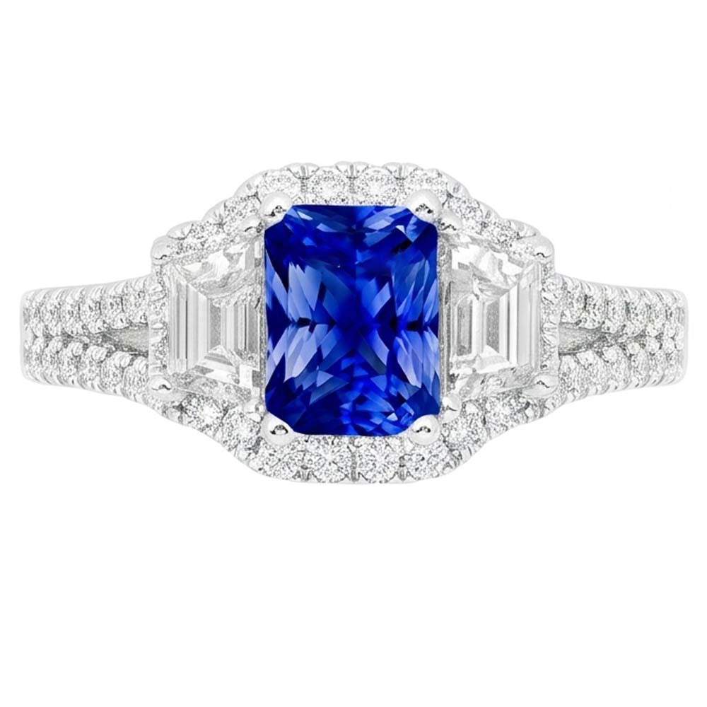 Halo Saphir-Verlobungsring 4 Karat Trapeze & Natürlicher Diamant ( nicht im Labor gezüchtet )en in Pavé-Fassung