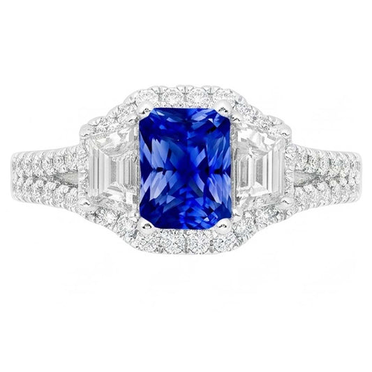 Halo Saphir-Verlobungsring 4 Karat Trapeze & Natürlicher Diamant ( nicht im Labor gezüchtet )en in Pavé-Fassung