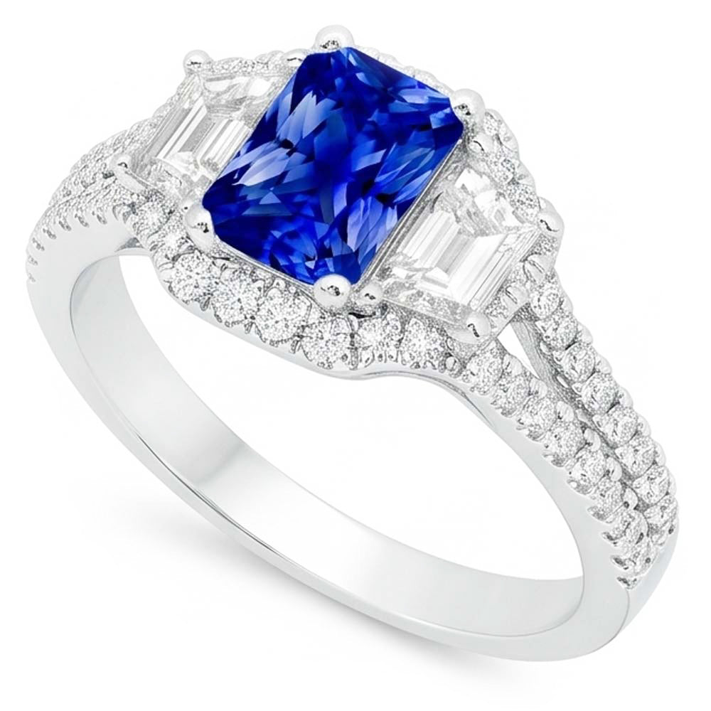 Halo Saphir-Verlobungsring 4 Karat Trapeze & Natürlicher Diamant ( nicht im Labor gezüchtet )en in Pavé-Fassung