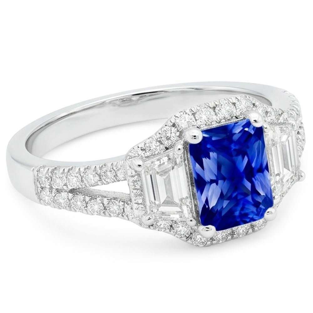 Halo Saphir-Verlobungsring 4 Karat Trapeze & Natürlicher Diamant ( nicht im Labor gezüchtet )en in Pavé-Fassung