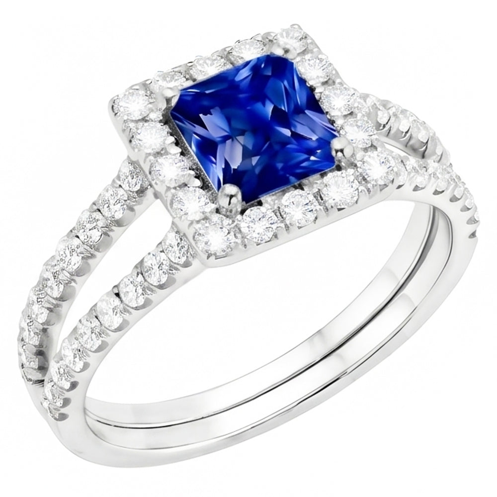 Halo Saphir-Verlobungsring-Set Pave Natürlicher Diamant ( nicht im Labor gezüchtet ) Gold Band 3 Karat