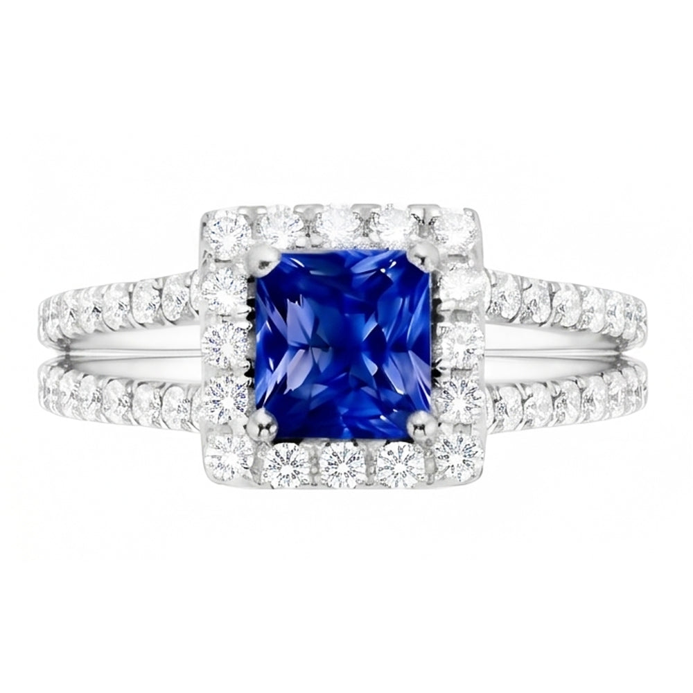 Halo Saphir-Verlobungsring-Set Pave Natürlicher Diamant ( nicht im Labor gezüchtet ) Gold Band 3 Karat