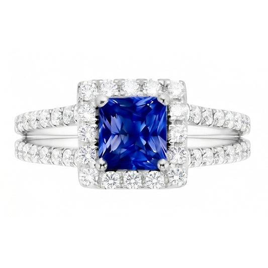 Halo Saphir-Verlobungsring-Set Pave Natürlicher Diamant ( nicht im Labor gezüchtet ) Gold Band 3 Karat