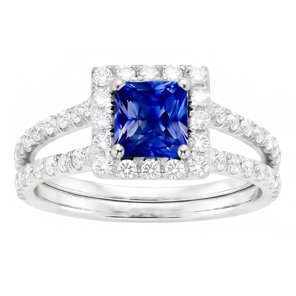 Halo Saphir-Verlobungsring-Set Pave Natürlicher Diamant ( nicht im Labor gezüchtet ) Gold Band 3 Karat