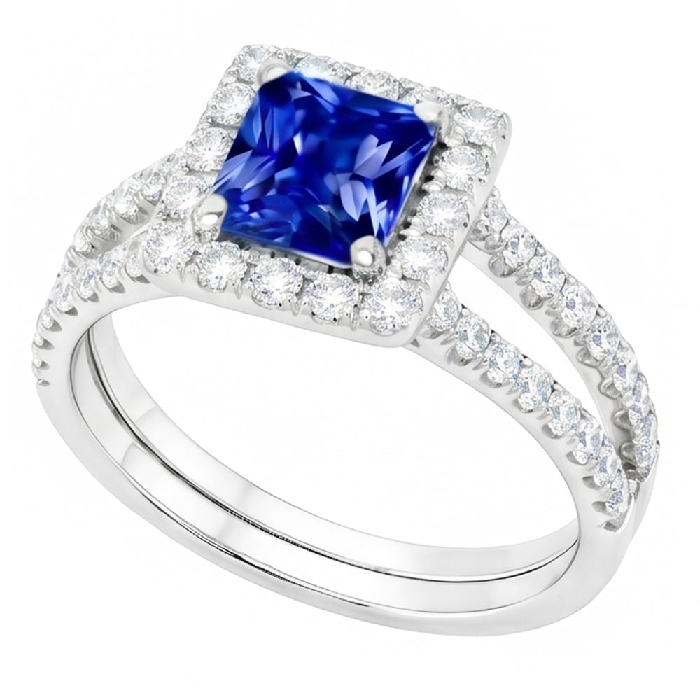 Halo Saphir-Verlobungsring-Set Pave Natürlicher Diamant ( nicht im Labor gezüchtet ) Gold Band 3 Karat