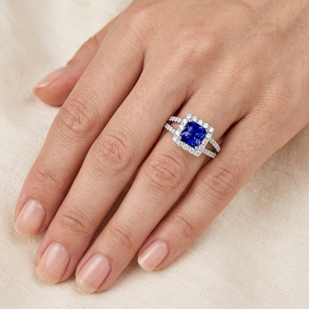 Halo Saphir-Verlobungsring-Set Pave Natürlicher Diamant ( nicht im Labor gezüchtet ) Gold Band 3 Karat