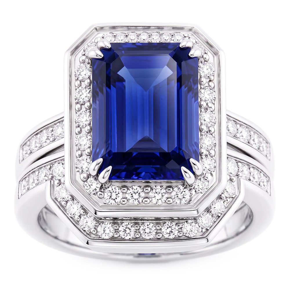 Halo Smaragd Saphir Ehering Set Weißgold Natürlicher Diamant ( nicht im Labor gezüchtet )en 4,50 Karat