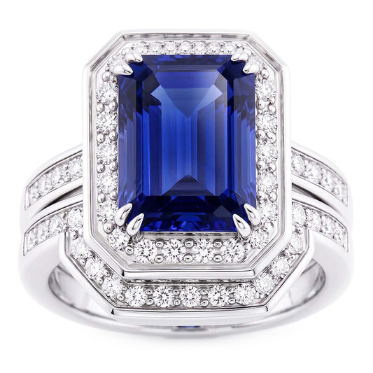 Halo Smaragd Saphir Ehering Set Weißgold Natürlicher Diamant ( nicht im Labor gezüchtet )en 4,50 Karat