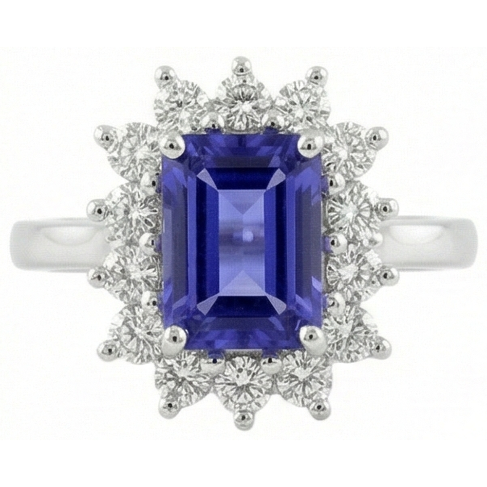 Halo Tansanit und Aus der Erde Abgebauter Natürlicher Diamanten 6,35 Karat Ring Weißgold 14K