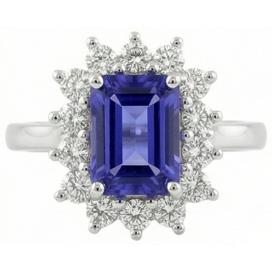Halo Tansanit und Aus der Erde Abgebauter Natürlicher Diamanten 6,35 Karat Ring Weißgold 14K