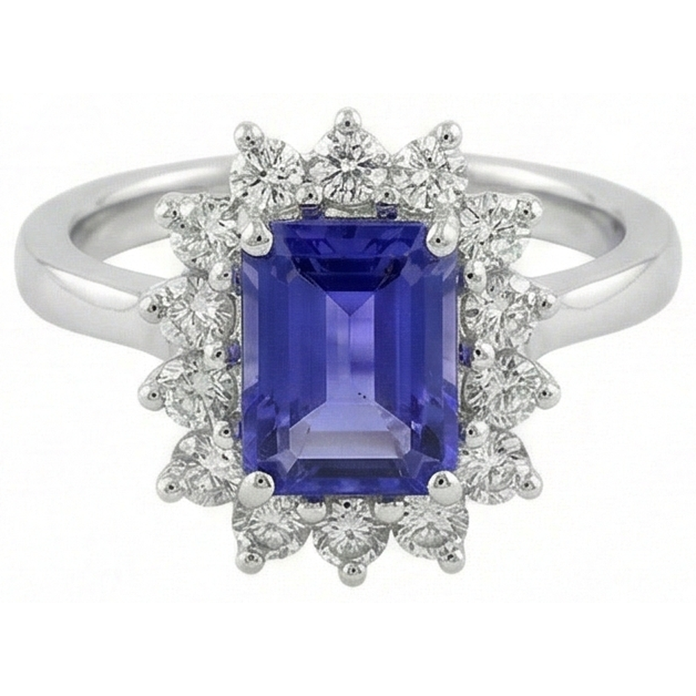 Halo Tansanit und Aus der Erde Abgebauter Natürlicher Diamanten 6,35 Karat Ring Weißgold 14K