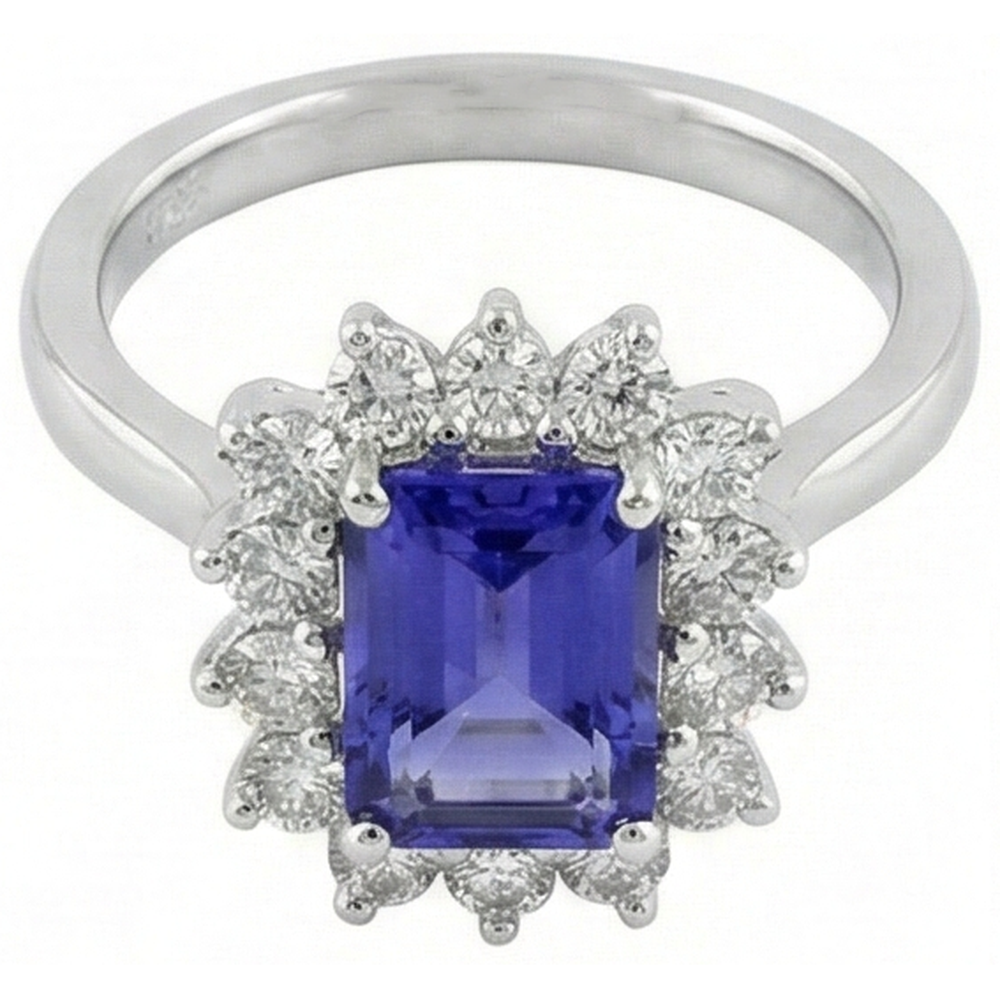 Halo Tansanit und Aus der Erde Abgebauter Natürlicher Diamanten 6,35 Karat Ring Weißgold 14K