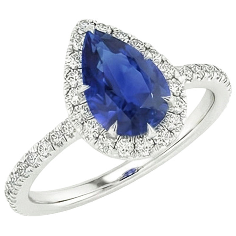Halo Verlobungsring Birne Ceylon Saphir & Aus der Erde Abgebauter Natürlicher Diamanten 3,50 Karat