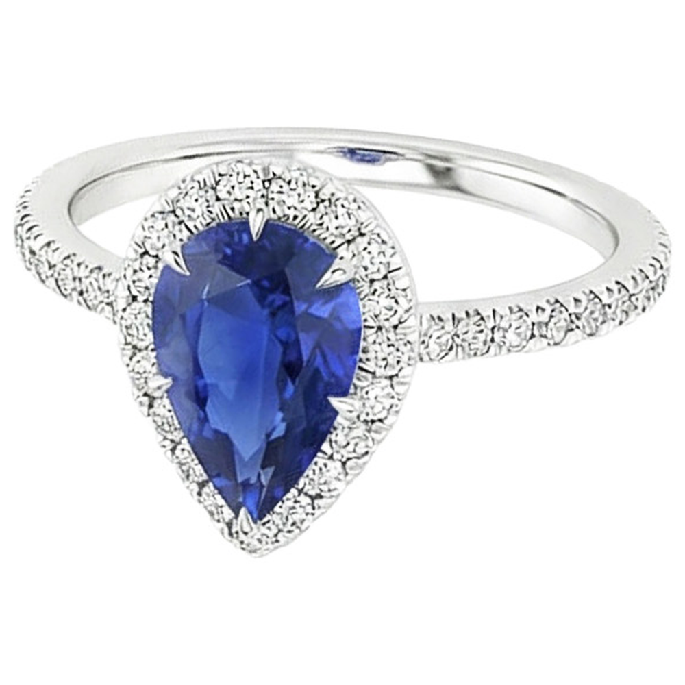 Halo Verlobungsring Birne Ceylon Saphir & Aus der Erde Abgebauter Natürlicher Diamanten 3,50 Karat