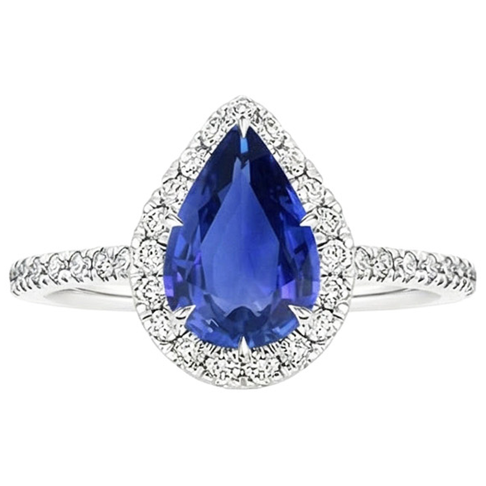 Halo Verlobungsring Birne Ceylon Saphir & Aus der Erde Abgebauter Natürlicher Diamanten 3,50 Karat