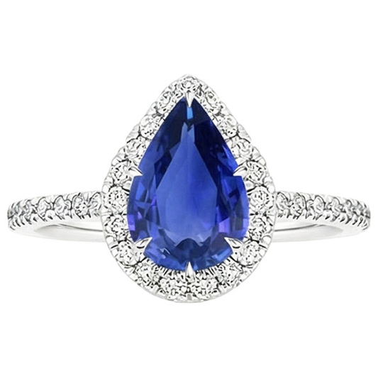 Halo Verlobungsring Birne Ceylon Saphir & Aus der Erde Abgebauter Natürlicher Diamanten 3,50 Karat