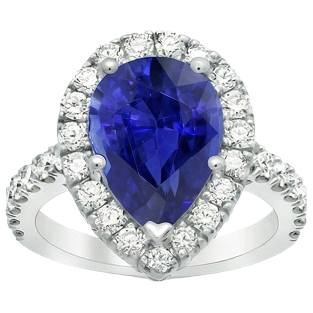 Halo Weißgold Ring Birne Sri Lanka Saphir & Natürlicher Diamant ( nicht im Labor gezüchtet )en 6 Karat