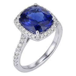 Halo srilankischer Saphir und Aus der Erde Abgebauter Natürlicher Diamant Weißgold 14K Ring 7.80 Ct
