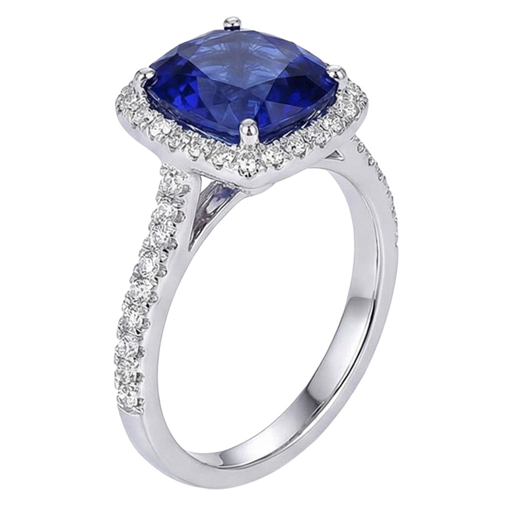 Halo srilankischer Saphir und Aus der Erde Abgebauter Natürlicher Diamant Weißgold 14K Ring 7.80 Ct