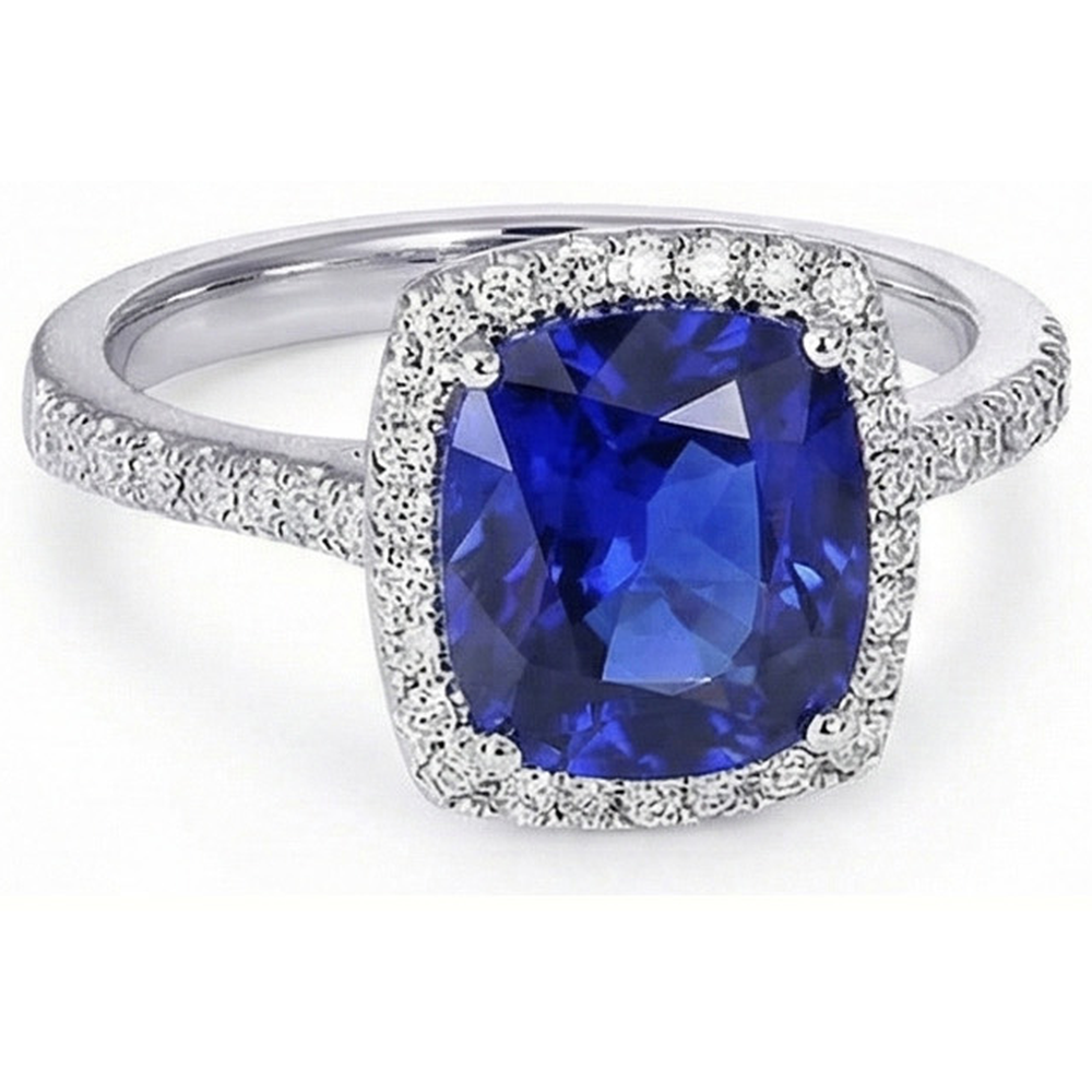 Halo srilankischer Saphir und Aus der Erde Abgebauter Natürlicher Diamant Weißgold 14K Ring 7.80 Ct