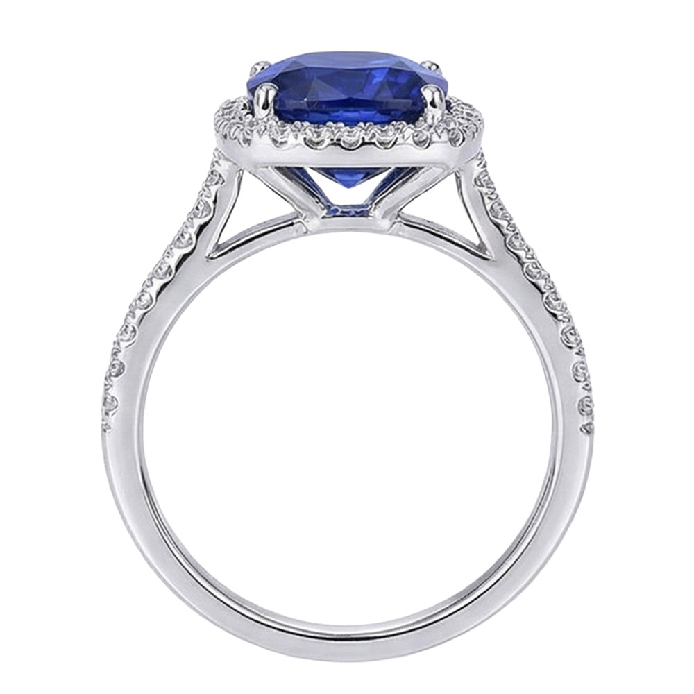 Halo srilankischer Saphir und Aus der Erde Abgebauter Natürlicher Diamant Weißgold 14K Ring 7.80 Ct