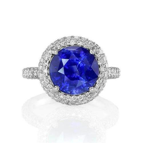 Halo Diamant Ring Rund Schliff Und Blauem Saphir aus Sri Lanka 14K