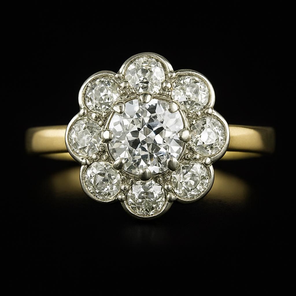 Halo Old Mine Cut Echt Aus der Erde Abgebauter Natürlicher Diamantring Zweifarbiger Blumenstil Schmuck 3 Karat