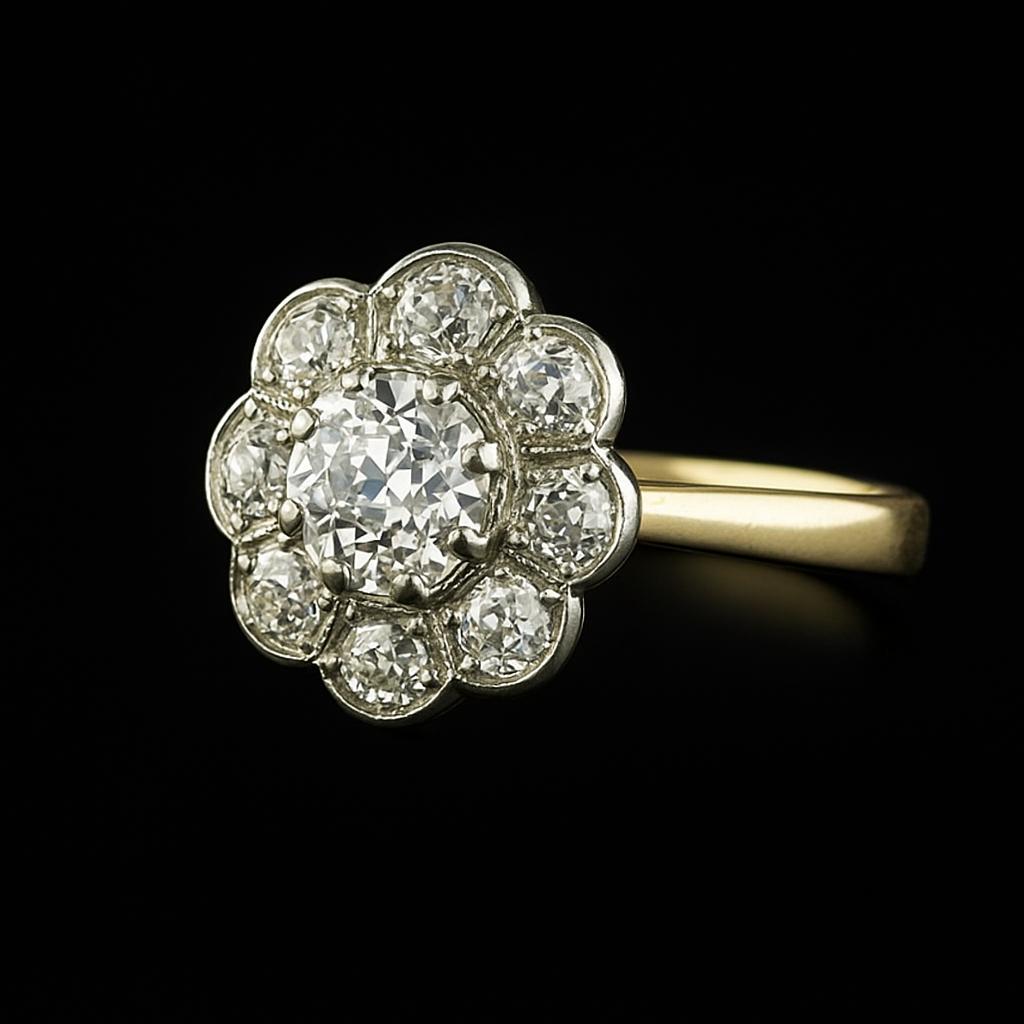 Halo Old Mine Cut Echt Aus der Erde Abgebauter Natürlicher Diamantring Zweifarbiger Blumenstil Schmuck 3 Karat