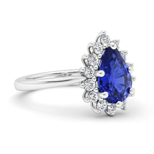 Halo Ring Star Style Birne Ceylon Saphir & Aus der Erde Abgebauter Natürlicher Diamanten 3,50 Karat