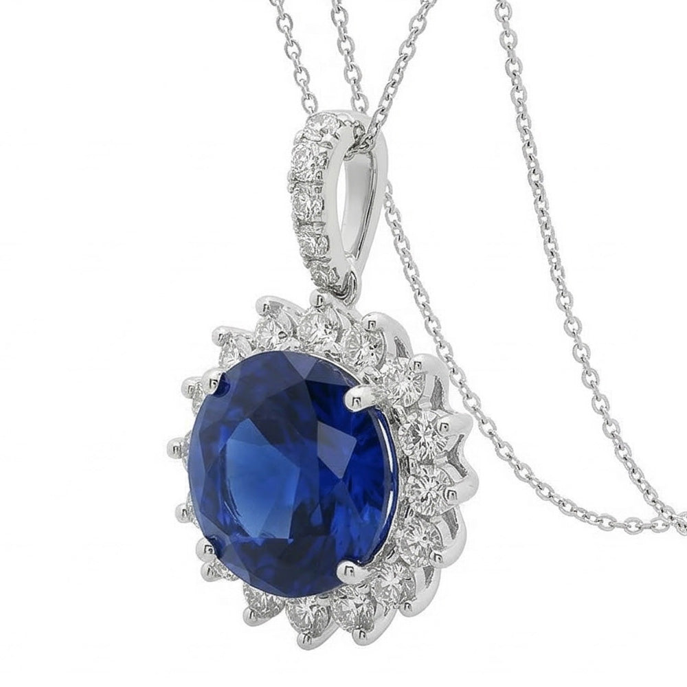 Halskette mit blauem Saphir und Aus der Erde Abgebauter Natürlicher Diamanten 8.40 Karat Weißgold 14K