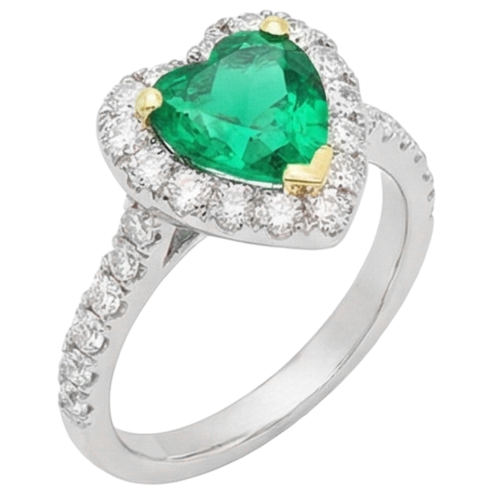 Edler Smaragd Herzform Farbstein-Ring in Bicolor 14K Gold – Frontansicht
