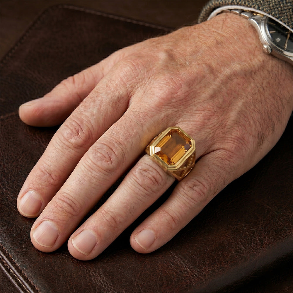 Herren Feiner Citrin Farbstein-Ring 10 Karat – 14 Karat Gelbgold