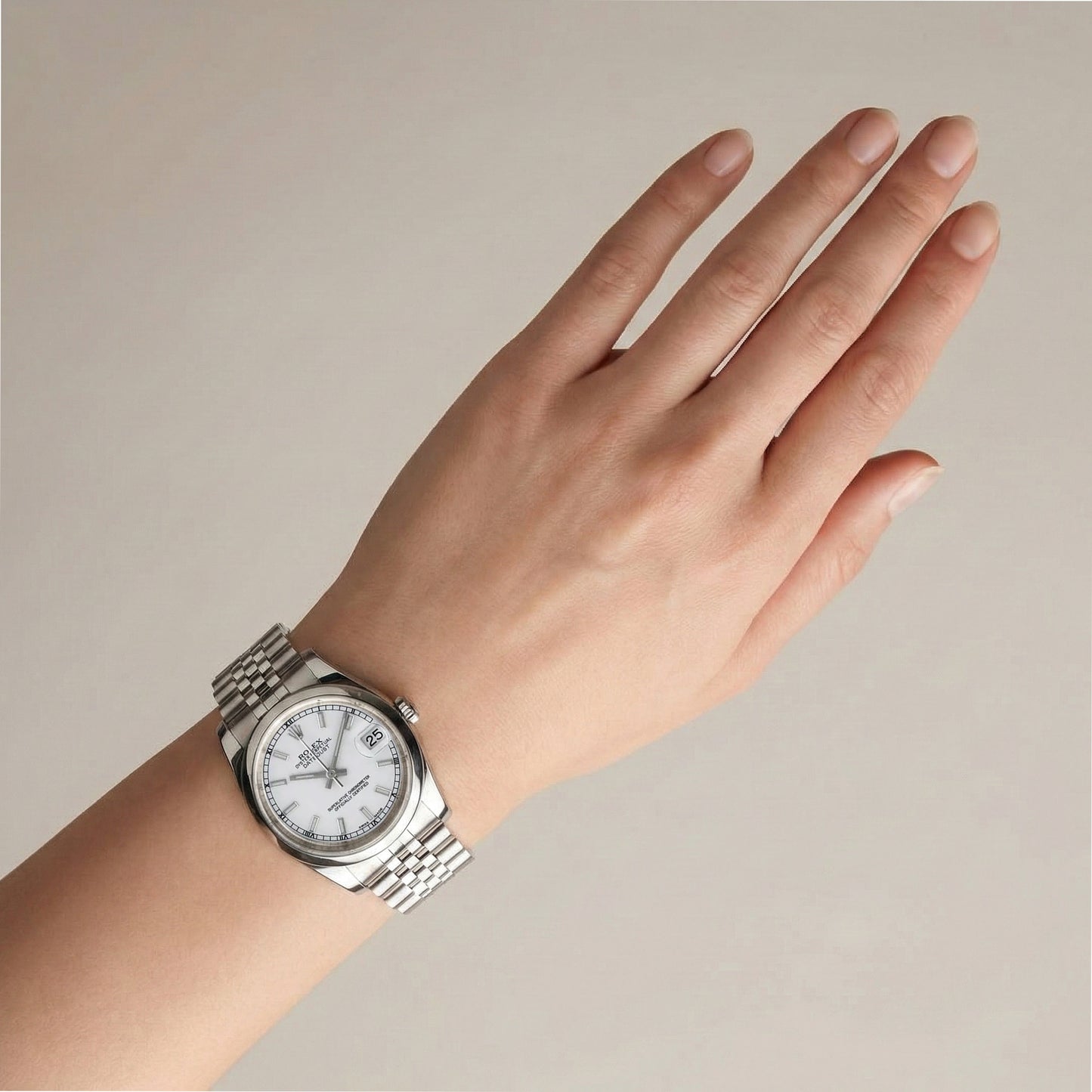 Herren-Herrenuhr Rolex Date Just, Verdeckter Verschluss silbernes Zifferblatt, Jubilee-Band versteckt