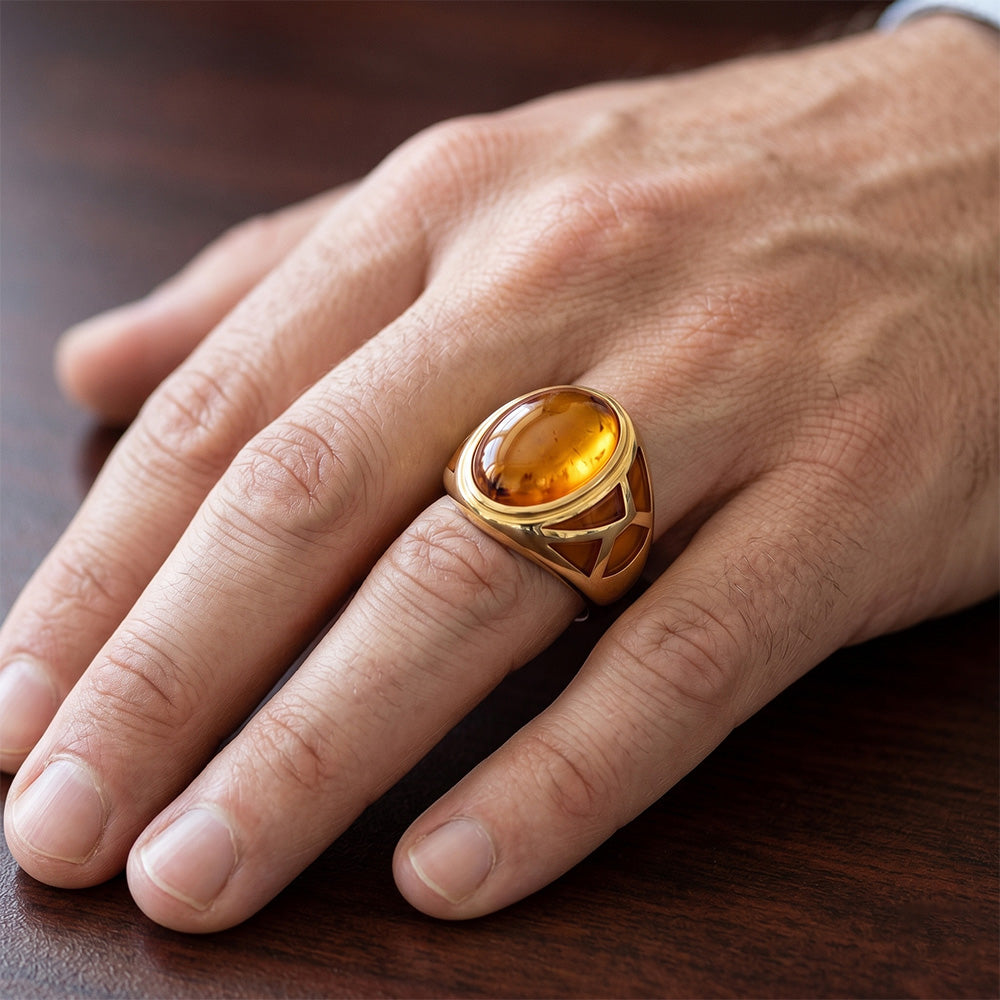 Herren Naturreiner Cabochon Citrin Edelstein-Ring 10 Karat