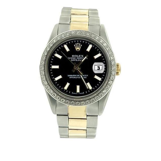 Herren-Oyster-Rolex-Datejust-Uhr mit schwarzem Stick-Zifferblatt, Edelstahl und Gold, SCHNELLES SET
