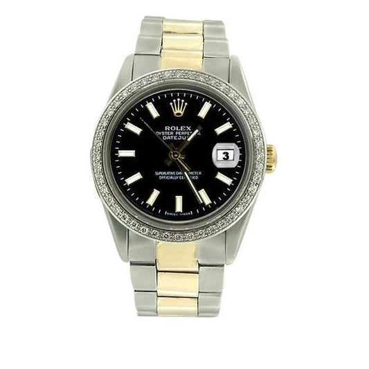 Herren-Oyster-Rolex-Datejust-Uhr mit schwarzem Stick-Zifferblatt, Edelstahl und Gold, SCHNELLES SET