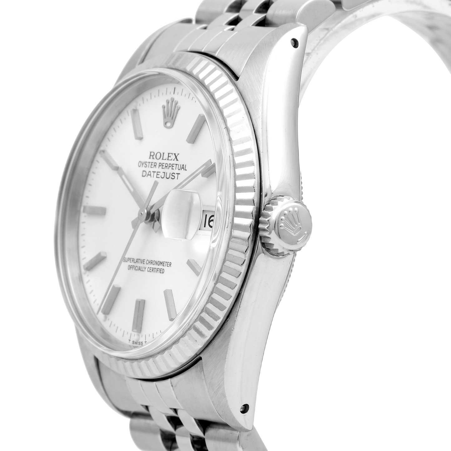 Herren Rolex Datejust Uhr, silbernes Zifferblatt, geriffelte Lünette, Edelstahl-Armband