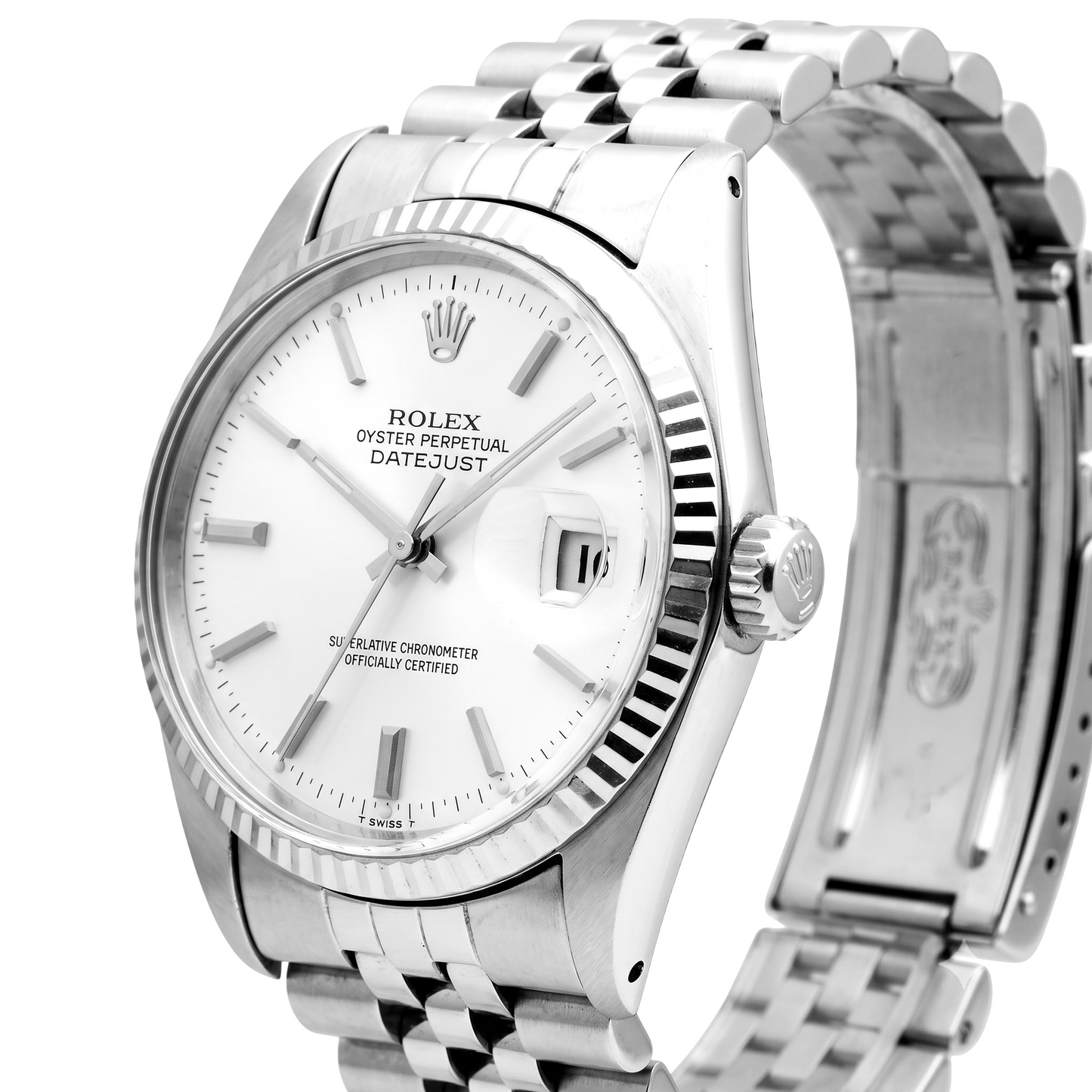 Herren Rolex Datejust Uhr, silbernes Zifferblatt, geriffelte Lünette, Edelstahl-Armband