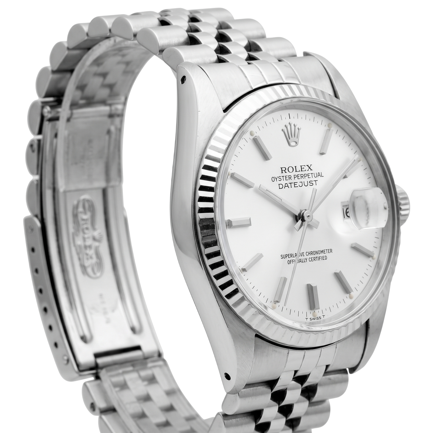 Herren Rolex Datejust Uhr, silbernes Zifferblatt, geriffelte Lünette, Edelstahl-Armband