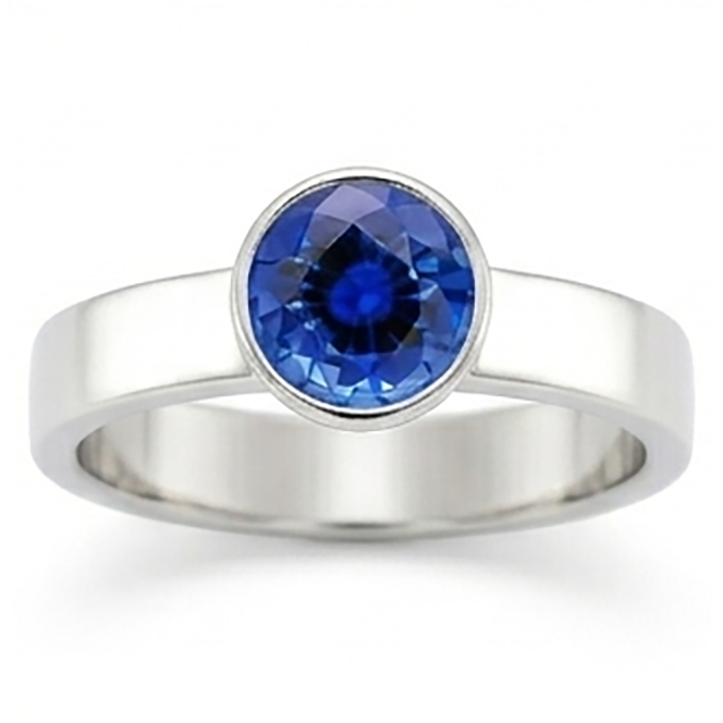 Herren Solitär Ring Lünette Set Runder Blauer Saphir
