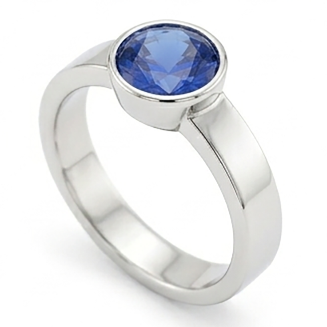 Herren Solitär Ring Lünette Set Runder Blauer Saphir