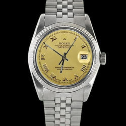 Herren Datejust Uhr geriffelte Lünette Edelstahl Champagner römisches Zifferblatt Rolex SCHNELLES EINSTELLEN