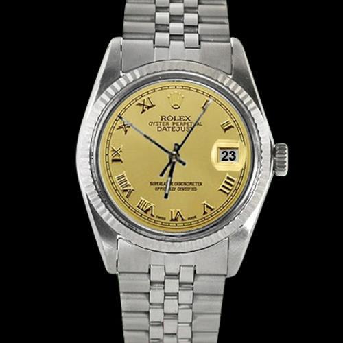 Herren Datejust Uhr geriffelte Lünette Edelstahl Champagner römisches Zifferblatt Rolex SCHNELLES EINSTELLEN