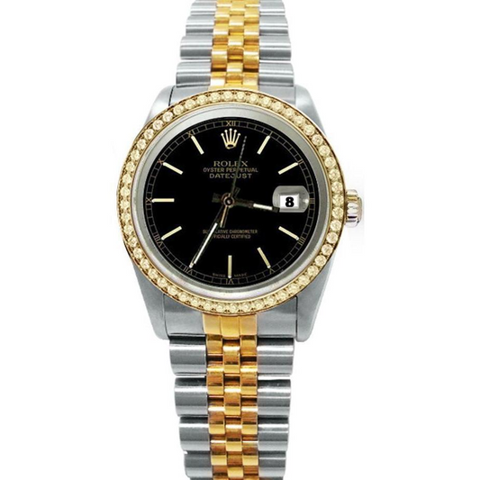 Herren Rolex Datejust Uhr, schwarzes Stick-Zifferblatt, Diamant-Lünette, zweifarbig

